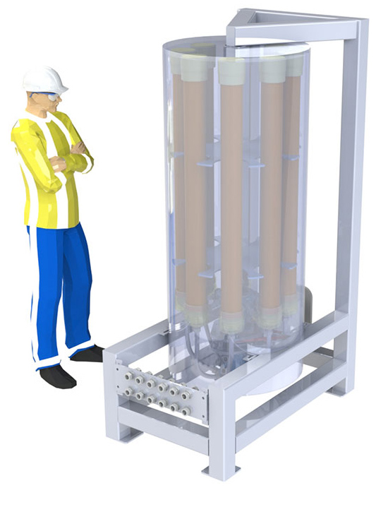 Rendered drawing of a person standing next to a gas separation device