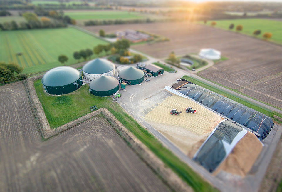 Drone image overlooking a farm with biogas equipment