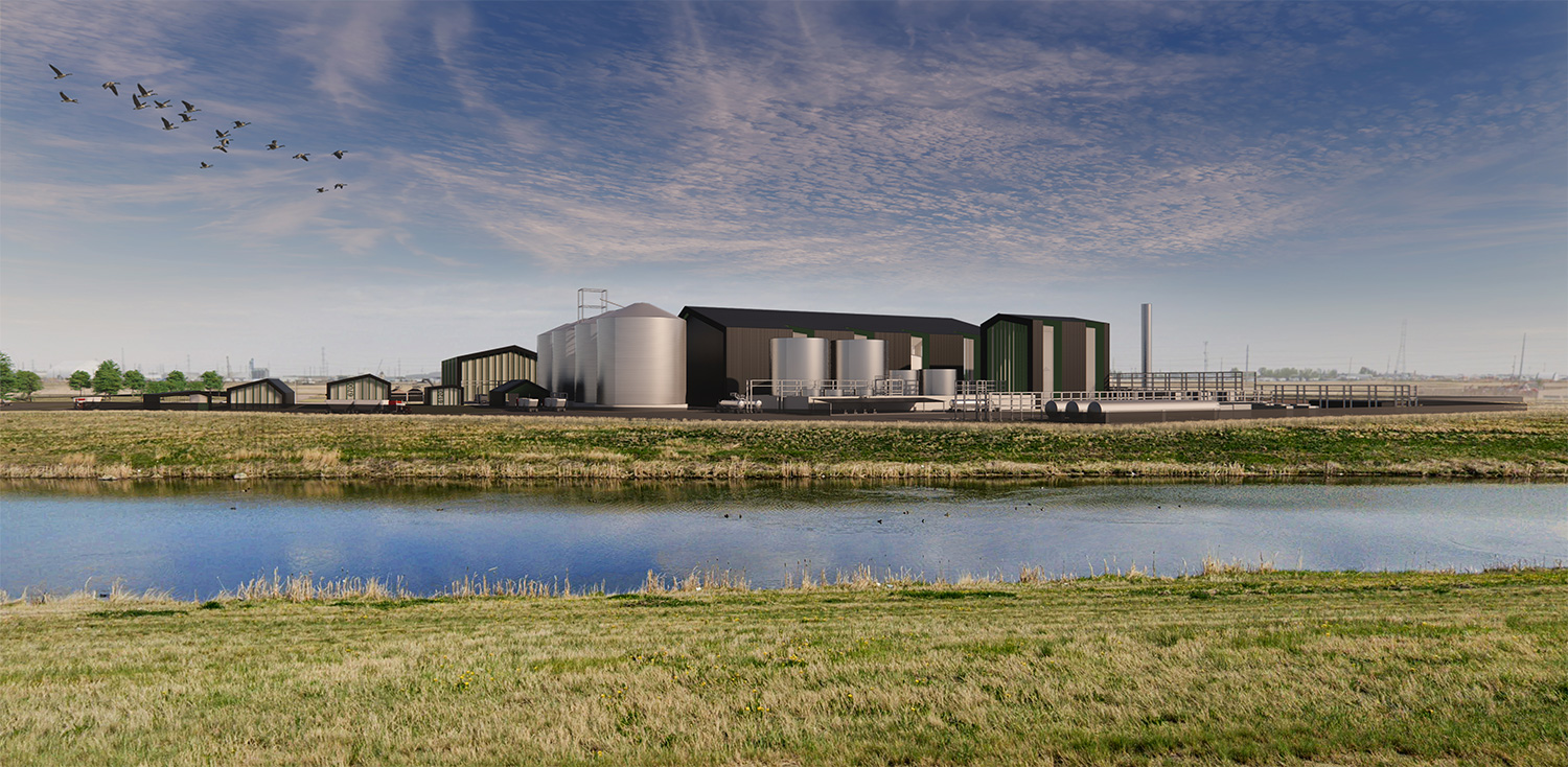 A digital rendering of a bio-fuel facility, the view is looking acrross a pond at several buildings and large silo like tanks. Presumably this image is the final vision of the previous photo.