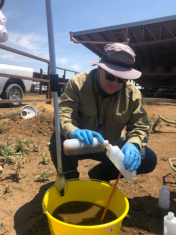 A man wearing rubber glove pours a liquid from one bottle into another, a bucket filled with the same liquid. 