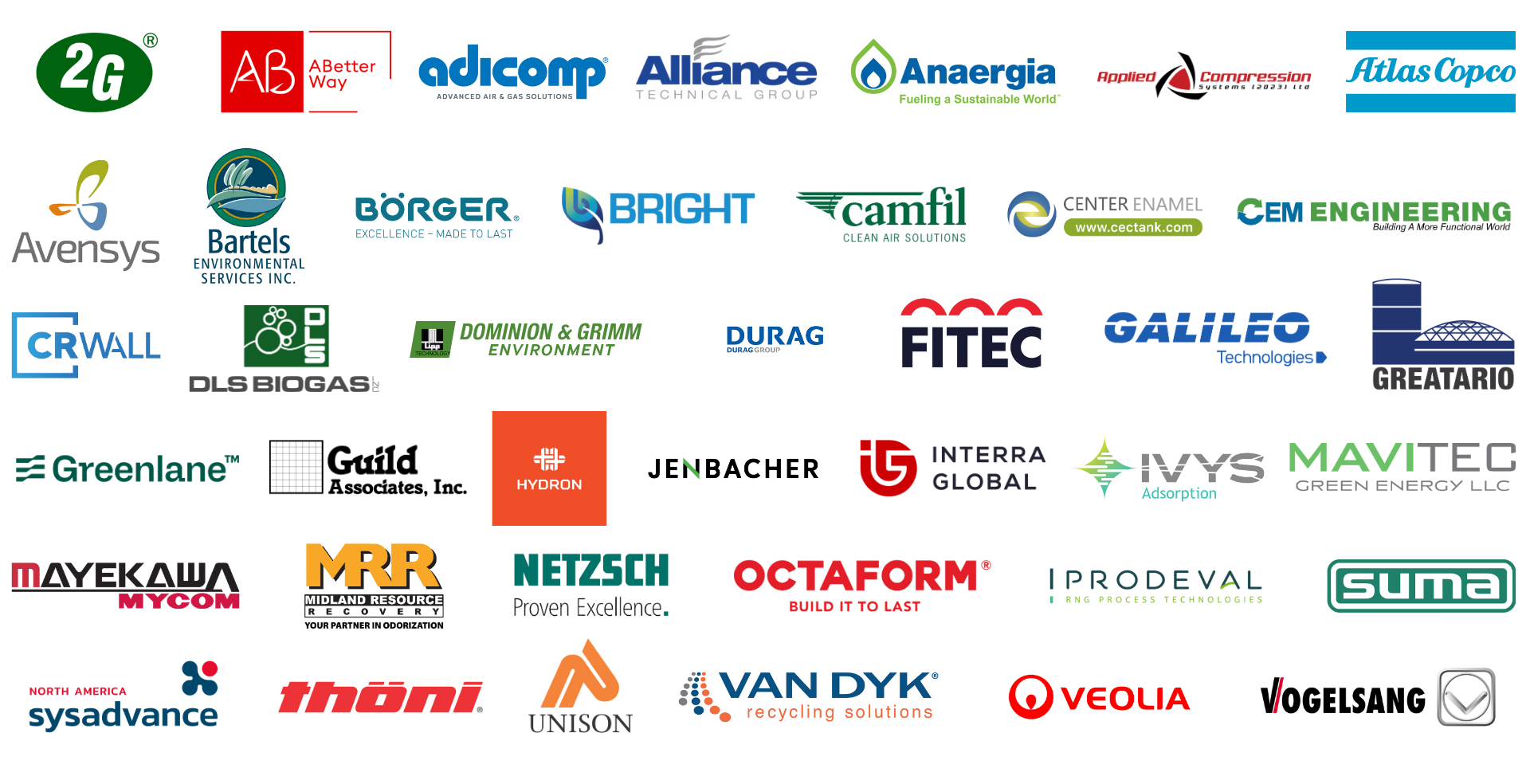 Exhibitors at the event, listed in alphabetical order: 2G Energy Corp., AB Energy Canada, Adicomp USA, Alliance Technical Group, Anaergia, Avensys Solutions inc., Bartels Environmental Services, Boerger, Bright Renewables, Camfil, CEC, DLS Biogas Inc., Fitec Environmental Tech, Galileo Technologies Corporation, Greenlane, Guild Associates, Inc., Hydron, INNIO Group, Interra Global, Ivys Adsorption, Mayekawa Canada, Midland Resource Recovery, NETZSCH Canada, Inc., Octaform, PRODEVAL, SUMA, Sysadvance North America Technologies Inc., Thoeni North America Inc. (TNA), Unison Solutions, Inc., Van Dyk Recycling Solutions, Veolia, Vogelsang